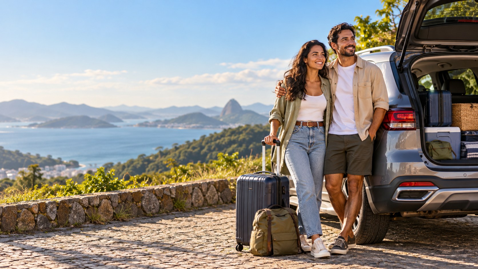 Imagem ilustrativa de um casal junto ao carro antes de uma viagem em família